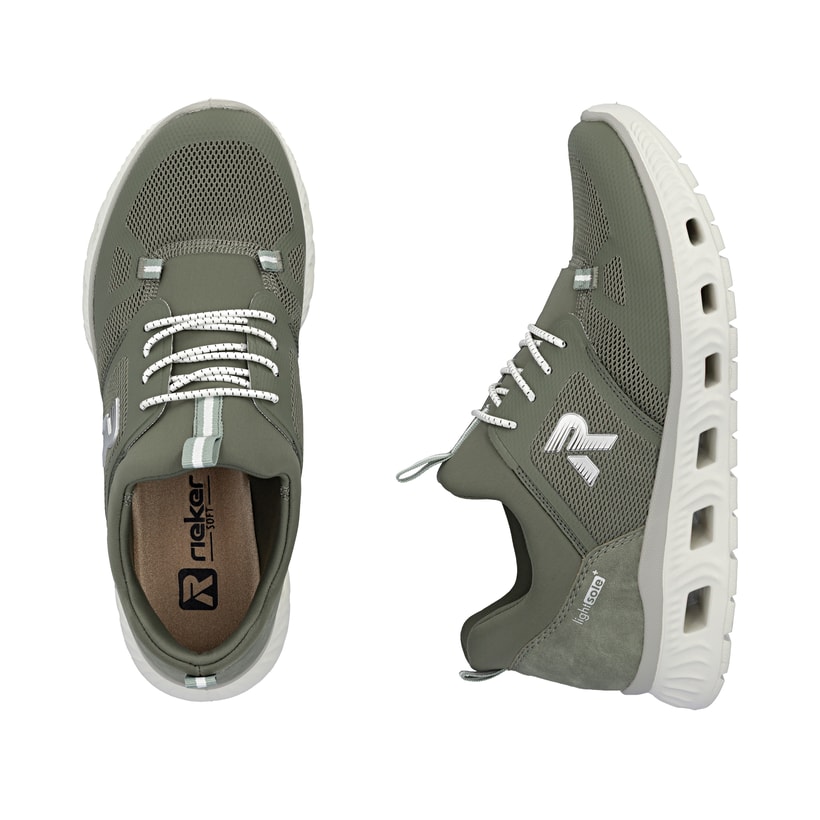 Vegane, oliv-weiße Rieker Damen Slipper M6078-54 mit einem Gummizug. Schuh von oben, liegend.