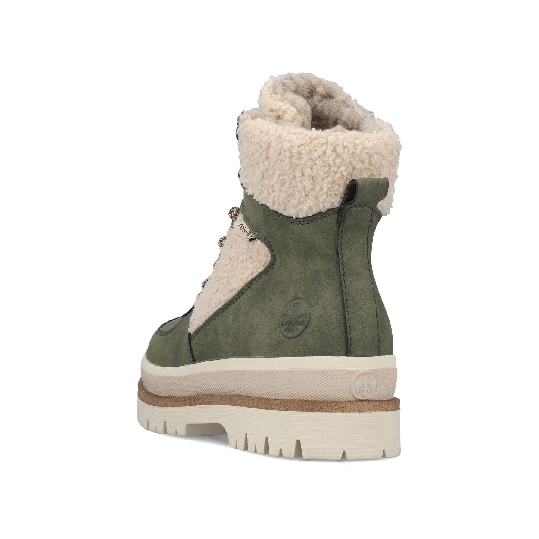 Vegane, khaki-beige Rieker Damen Schnürstiefel Y6214-54 mit Teddyfell-Details. Schuh von hinten.