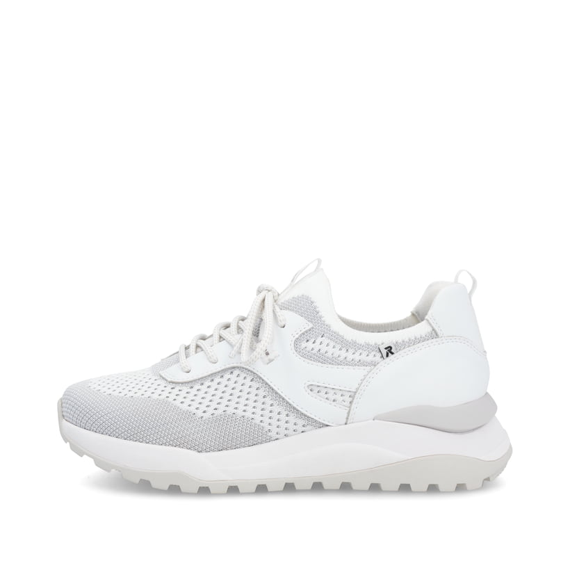 Weiße Rieker Damen Slipper W2503-80 mit Gummizug sowie einer flexiblen Sohle. Schuh Außenseite.