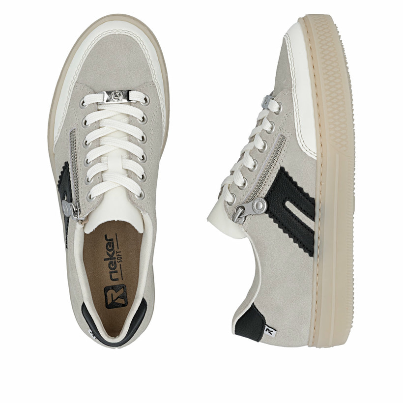 Graue Rieker Damen Sneaker Low L5903-40 aus Rauleder mit einem Reißverschluss. Schuh von oben, liegend.