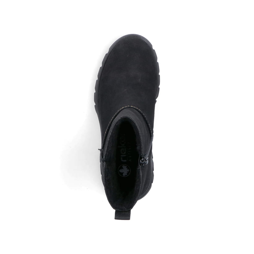 Schwarze Rieker Damen Kurzstiefel 71864-00 mit einem Reißverschluss. Schuh von oben.