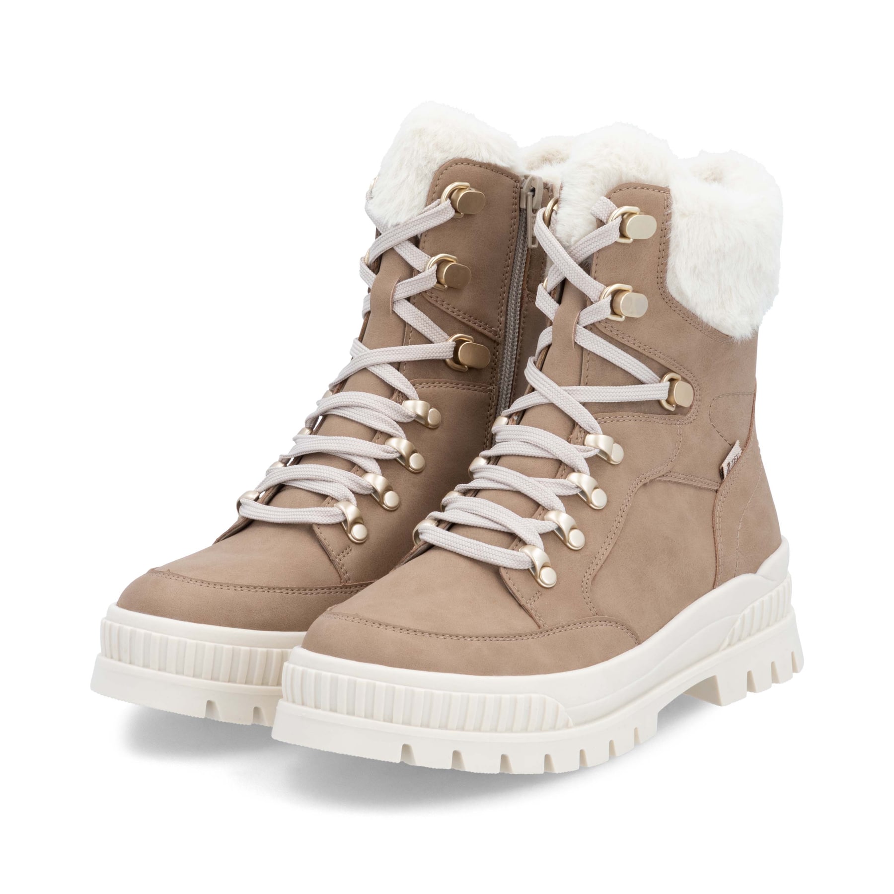Beige-weiße Rieker Damen Schnürstiefel W2174-20 aus Rauleder. Schuhpaar seitlich schräg.