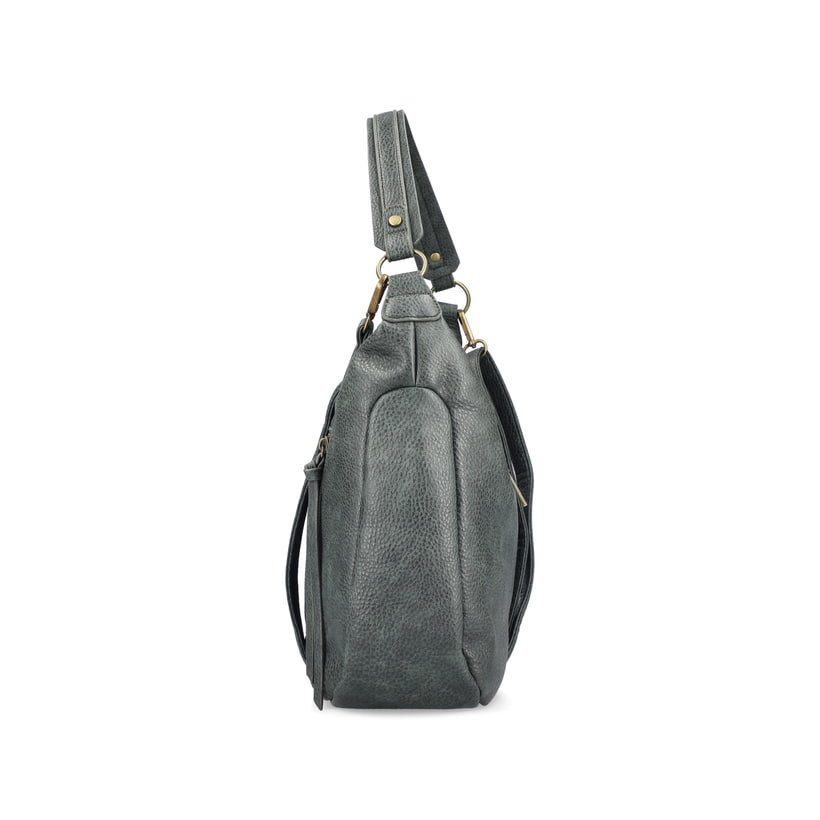 Sac bandoulière Rieker H1016-54 en vert avec fermeture éclair ainsi que poches extérieures et intérieures. Côté gauche.
