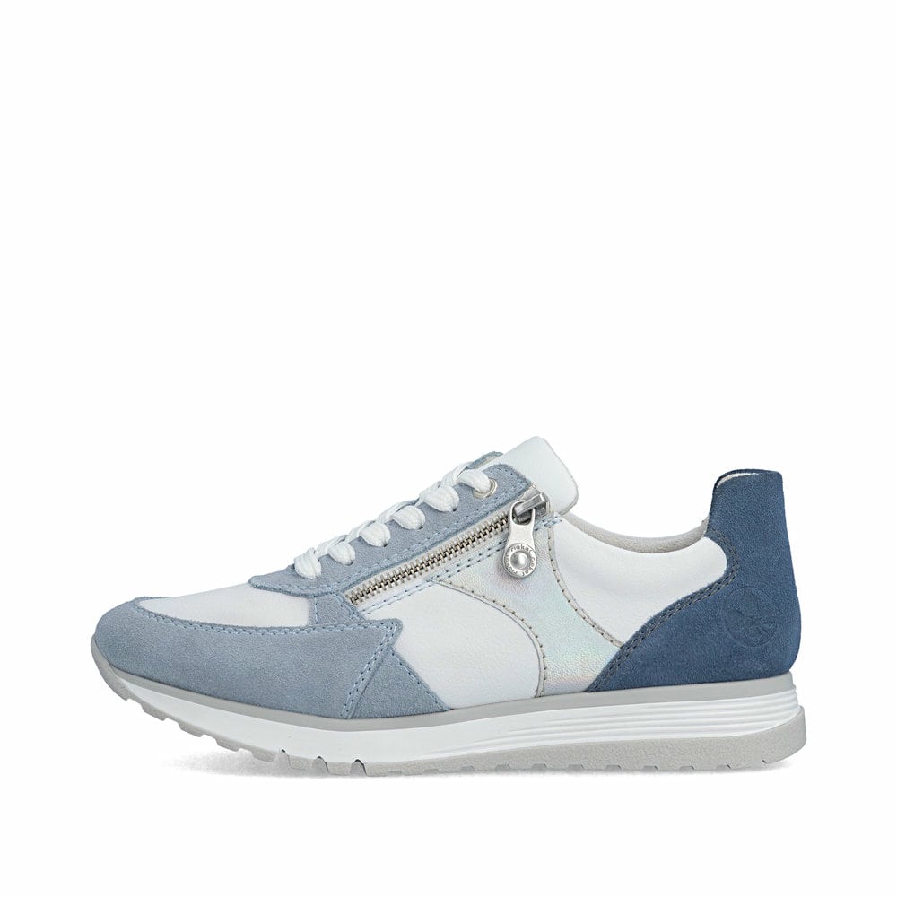 Baskets basses Rieker bleues pour femme 49010-12 en cuir lisse. Côté extérieur de la chaussure.