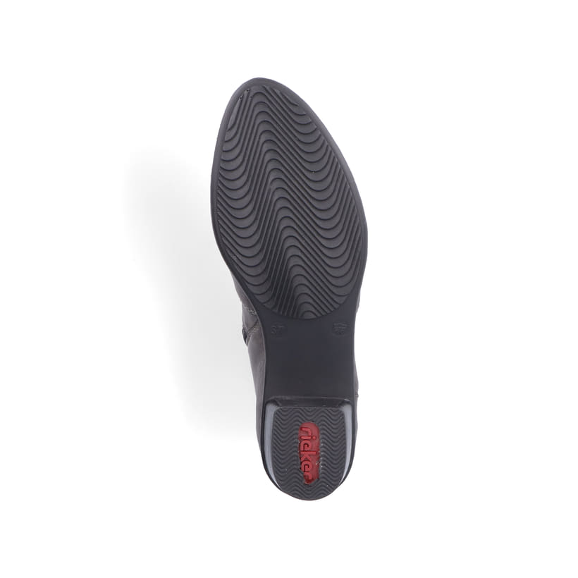 Graue Rieker Damen Stiefeletten Y0741-45 mit Zierelement sowie Reißverschluss. Schuh Laufsohle.