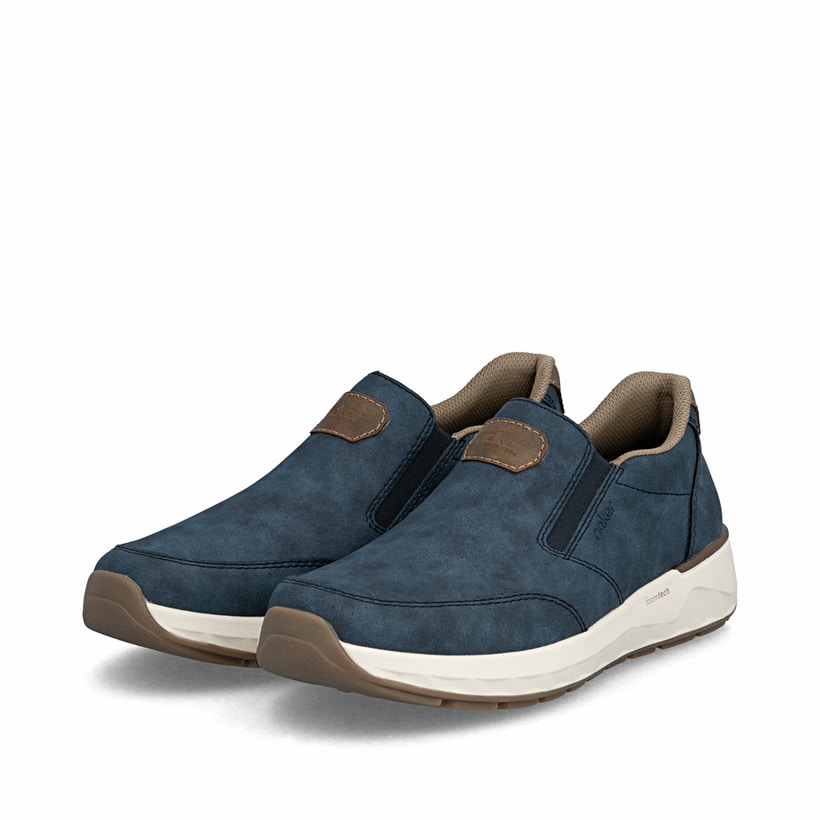 Mocassins Rieker bleus pour homme 11550-15 avec bande élastique. Chaussures inclinées sur le côté.