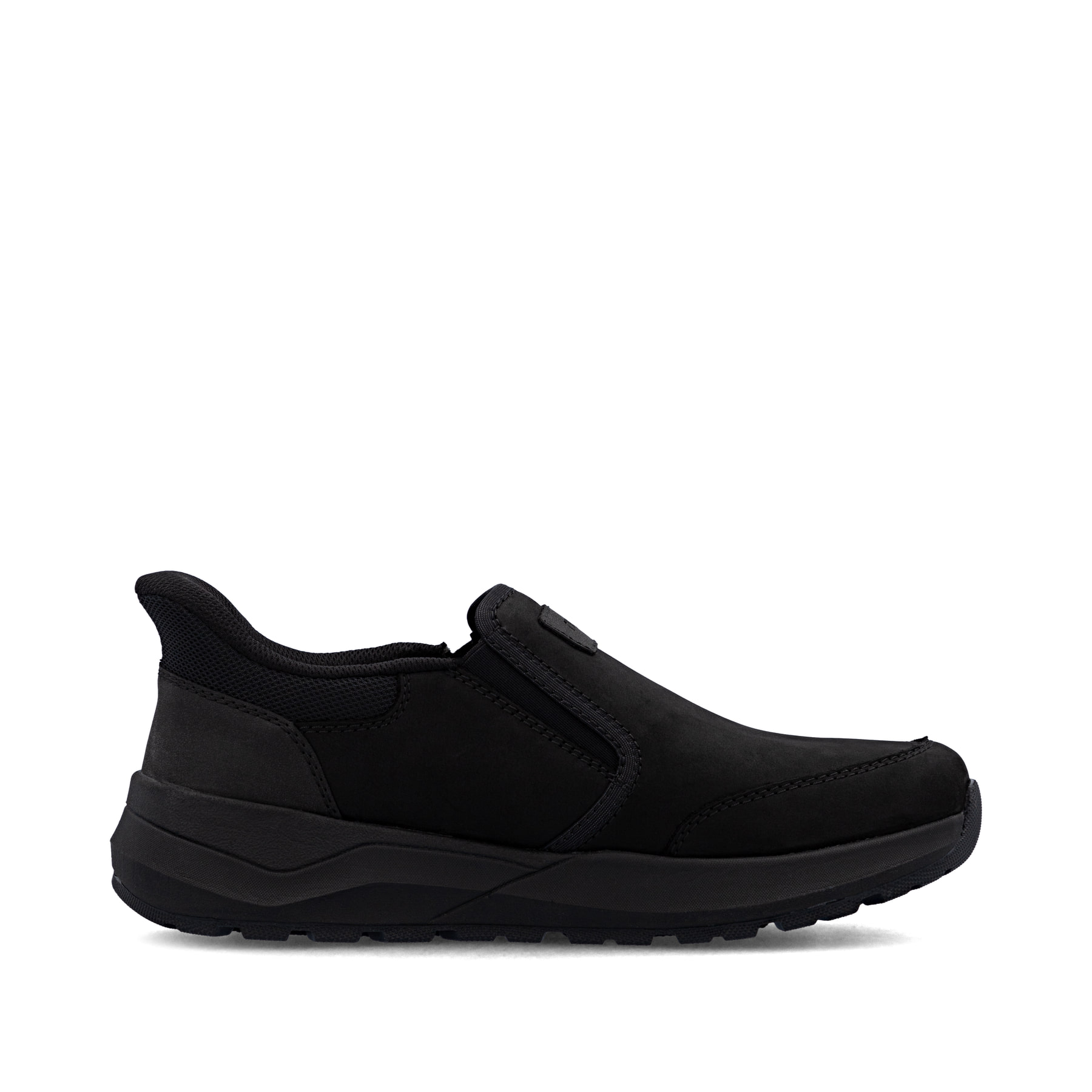 Mocassins Rieker noirs pour homme 06052-00 en cuir suédé. Chaussure vue de l'arrière.