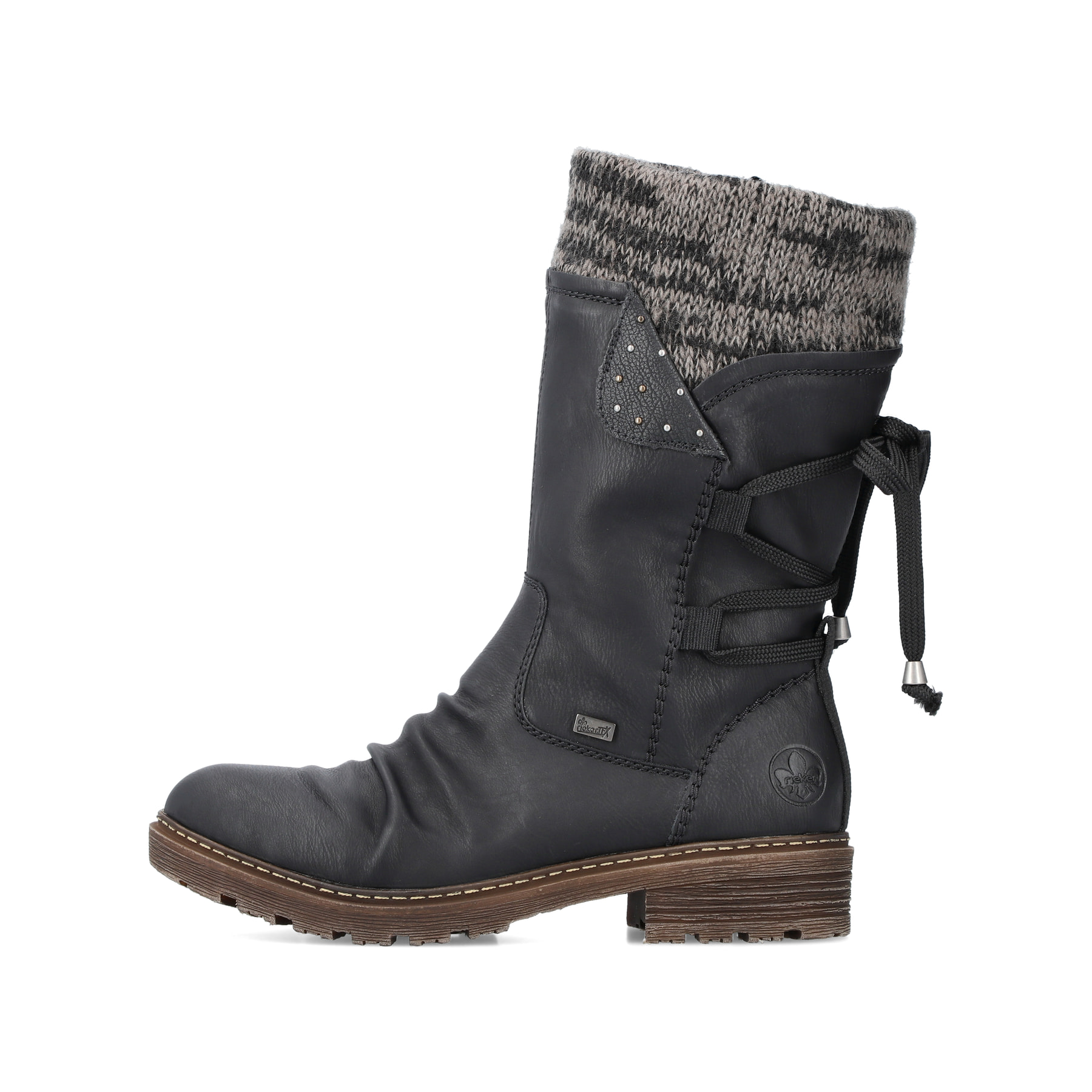 Tiefschwarze Rieker Damen Kurzstiefel Z4773-01 mit einer robusten Profilsohle. Schuh Außenseite