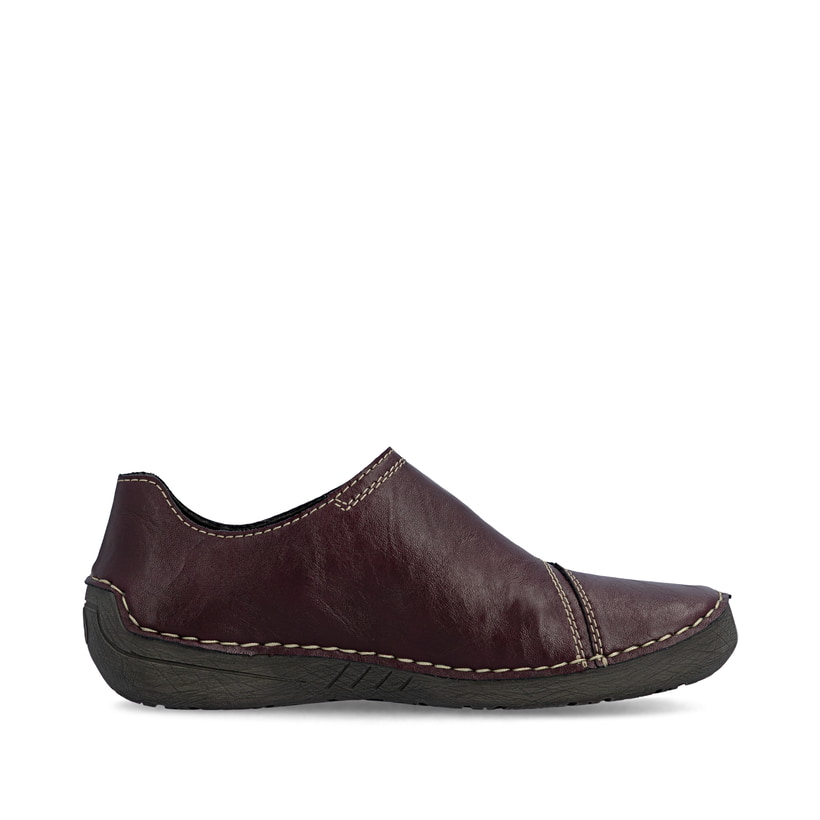 Brombeerfarbene Rieker Damen Slipper 52560-30 mit farbenfrohen Details. Schuh Innenseite.
