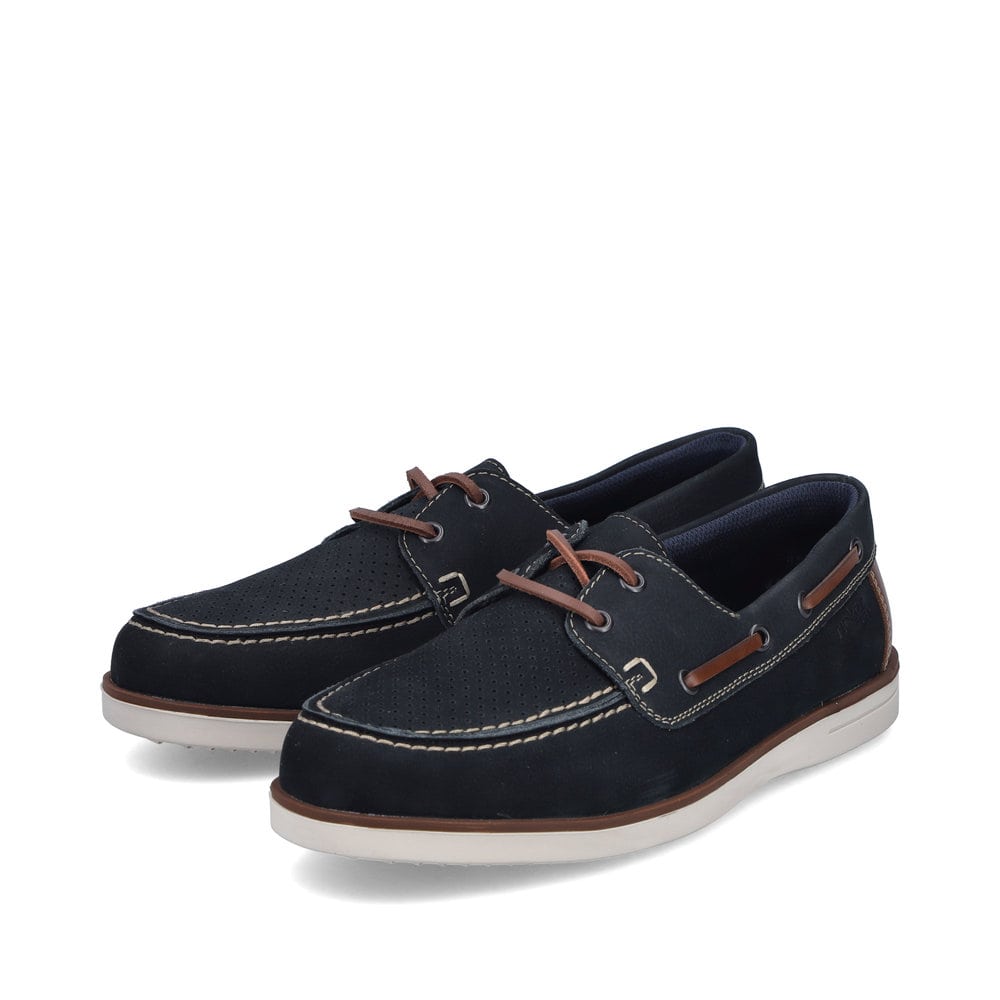 Blaue Rieker Herren Schnürschuhe B2345-14 aus Glattleder mit der Komfortweite G. Schuhpaar seitlich schräg.