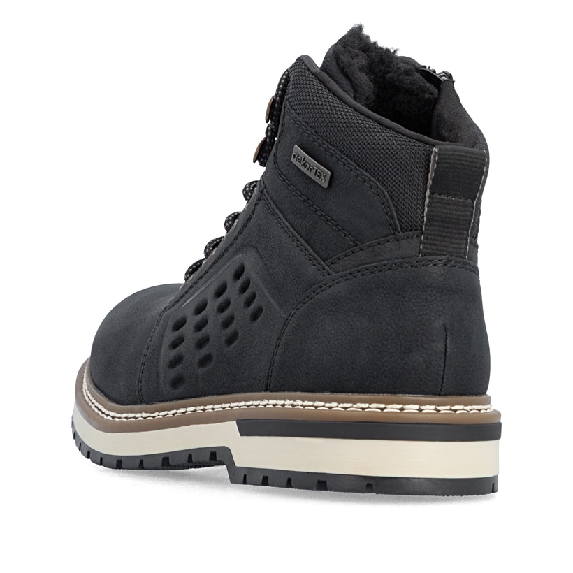 Schwarze Rieker Herren Schnürstiefel F3800-00 mit wasserabweisender TEX-Membran. Schuh von hinten.