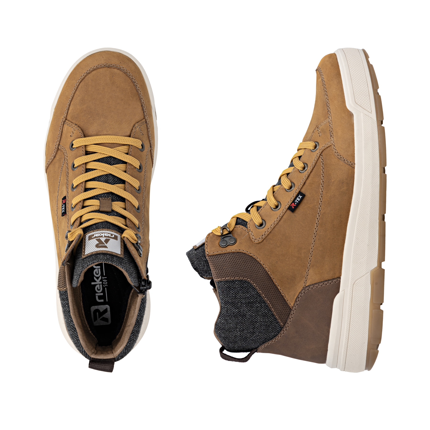 Goldgelb-braune Rieker Herren Schnürstiefel U0074-68 aus Rauleder. Schuh von oben, liegend.