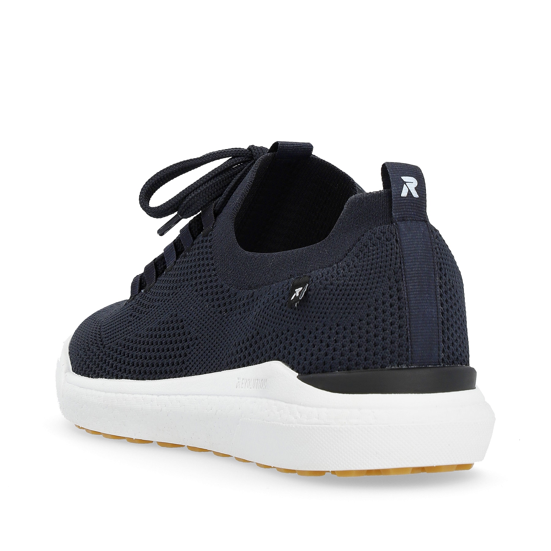 Blaue waschbare Rieker Herren Slipper U1103-14 mit einer flexiblen Sohle. Schuh von hinten.