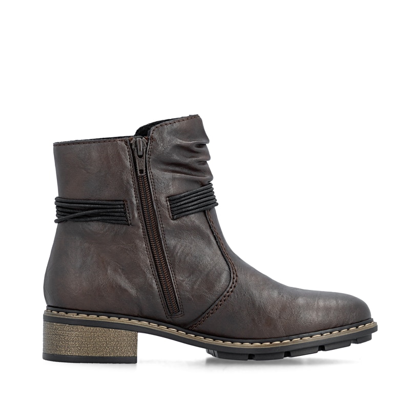 Dunkelbraune Rieker Damen Stiefeletten 77263-25 mit dekorativer Kordel. Schuh Innenseite.