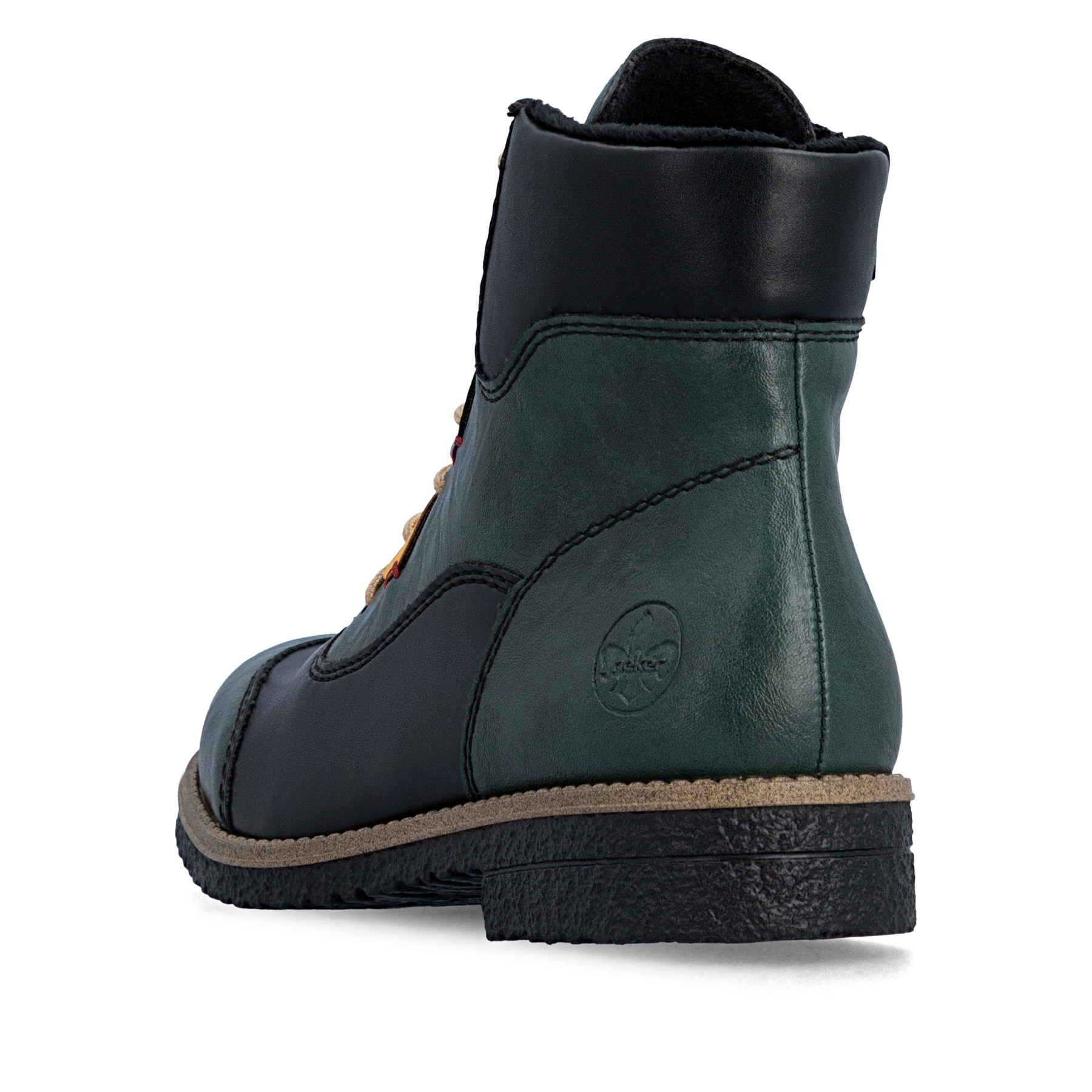Blau-schwarze Rieker Damen Schnürstiefel 73510-90 mit farbenfrohen Details. Schuh von hinten.