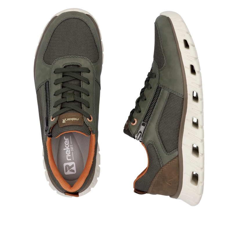 Grüne Rieker Herren Sneaker Low 04301-54 mit einem Reißverschluss. Schuh von oben, liegend.