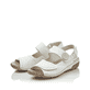 Weiße Rieker Damen Riemchensandalen V7272-80 mit einem Klettverschluss. Schuhpaar seitlich schräg.