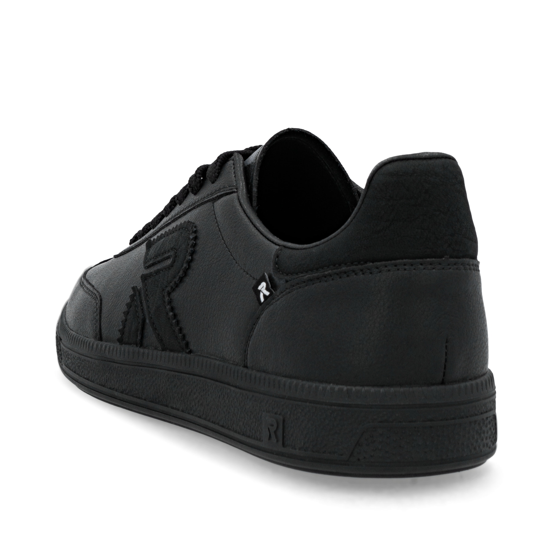 Schwarze Rieker Herren Sneaker Low U2200-02 mit einer Schnürung. Schuh von hinten.