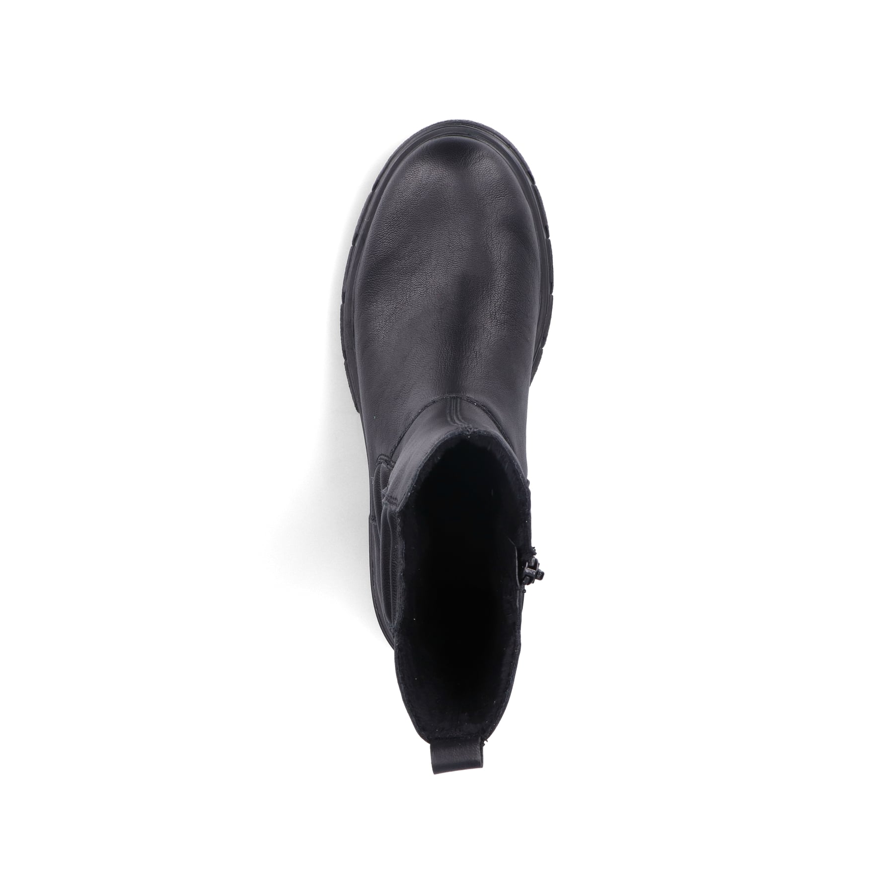 Tiefschwarze Rieker Damen Chelsea Boots Z9181-00 mit einer robusten Profilsohle. Schuh von oben