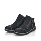 Nachtschwarze Rieker Damen Slipper L4270-00 mit Reißverschluss sowie einer Profilsohle. Schuhpaar schräg.