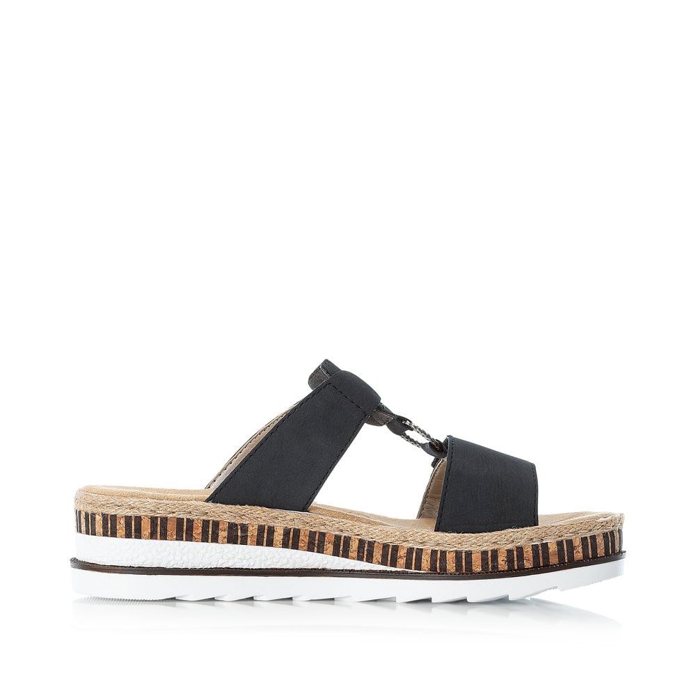 Dunkelblaue Rieker Damen Pantoletten V79N2-14 mit handgestickten Nähten. Schuh Innenseite.