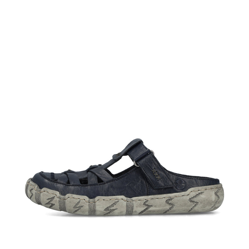 Dunkelblaue Rieker Damen Clogs L0396-14 aus Glattleder mit raffinierten Cut-Outs. Schuh Außenseite.