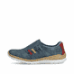 Blaue Rieker Damen Slipper N4264-14 mit einem Gummizug. Schuh Außenseite.