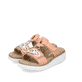 Orangene Rieker Damen Pantoletten 63294-38 mit einem Klettverschluss. Schuhpaar seitlich schräg.