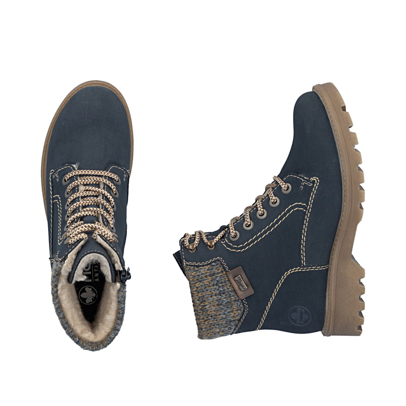 Dunkelblaue Rieker Damen Biker Boots 73220-14 mit wasserabweisender TEX-Membran. Schuh von oben, liegend.