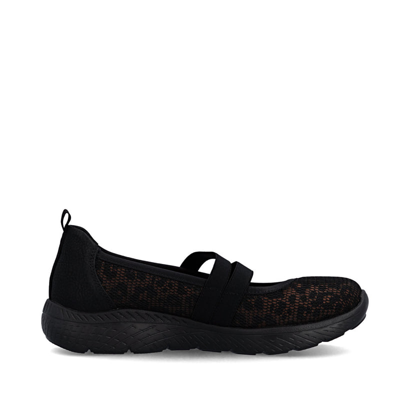 Schwarze Rieker Ballerinas M5075-00 mit einem Gummizug sowie der Komfortweite G. Schuh Innenseite.