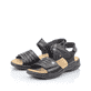 Schwarze Rieker Damen Riemchensandalen 64560-01 mit einem Klettverschluss. Schuhpaar seitlich schräg.