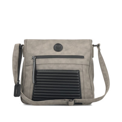Rieker Damen Handtasche H1481-42 in Mondgrau-Nachtschwarz aus Kunstleder mit Reißverschluss. Handtasche Vorderseite.