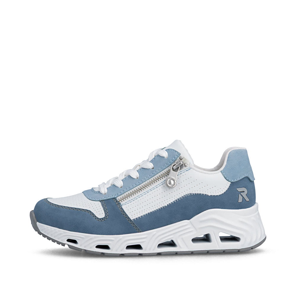 Baskets basses Rieker bleues pour femme N5204-12 avec fermeture éclair. Côté extérieur de la chaussure.