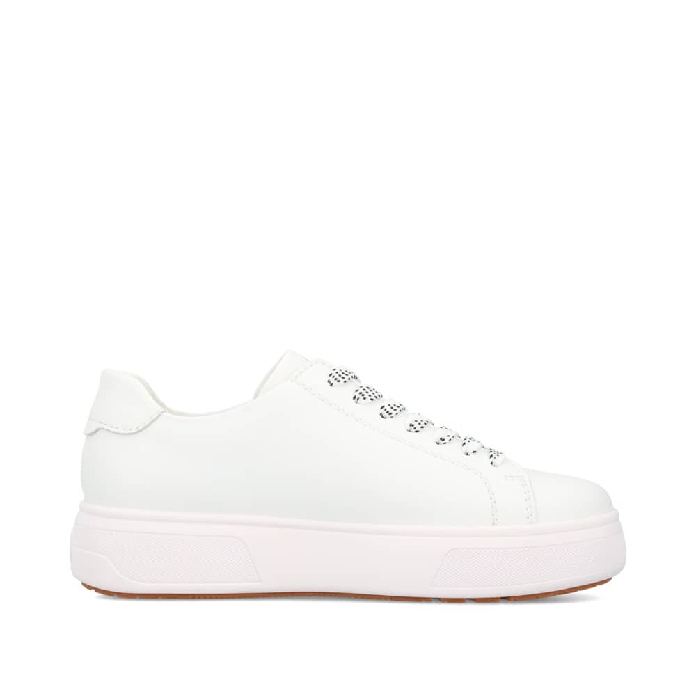 Weißer Rieker Damen Sneaker Low M7712-80 Schwenninger Wild Wings Special Edition mit Eishockey-Schnürsenkeln und Logo. Schuh Innenseite.