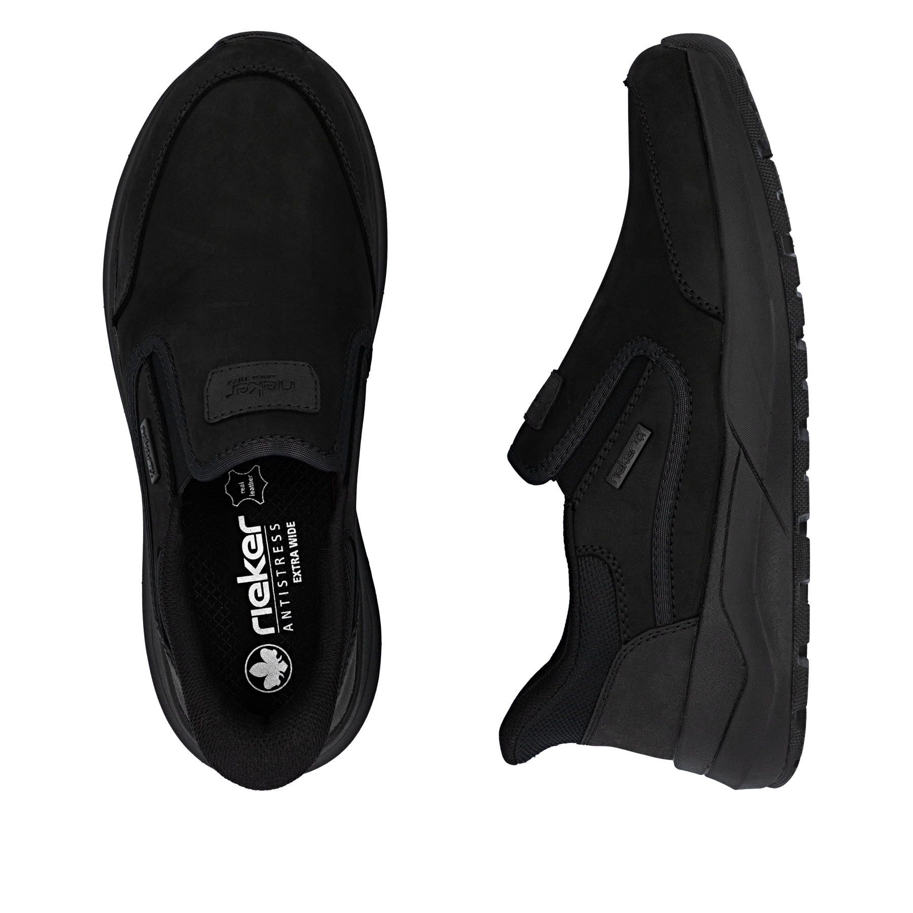 Schwarze Rieker Herren Slipper 06052-00 aus Rauleder. Schuh von oben, liegend.