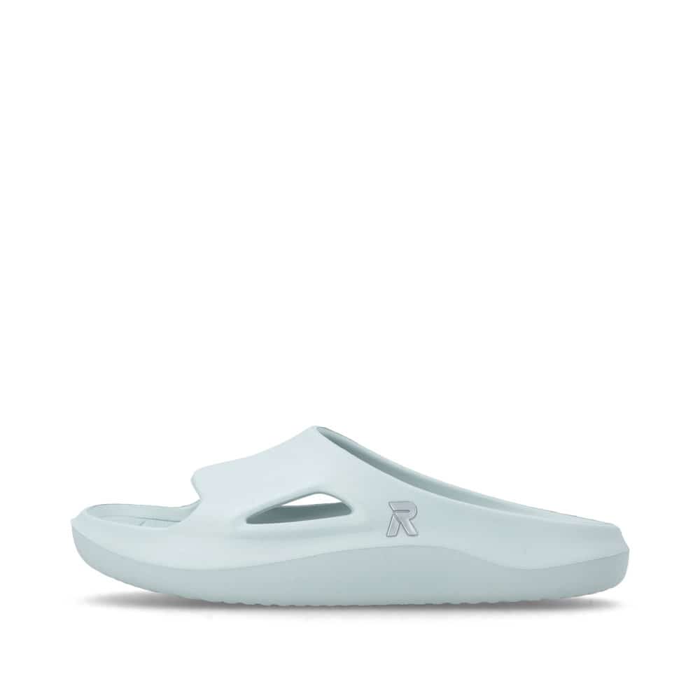 Grüne Rieker Damen Pantoletten W3450-53 mit flexibler und ultraleichter Sohle. Schuh Außenseite.