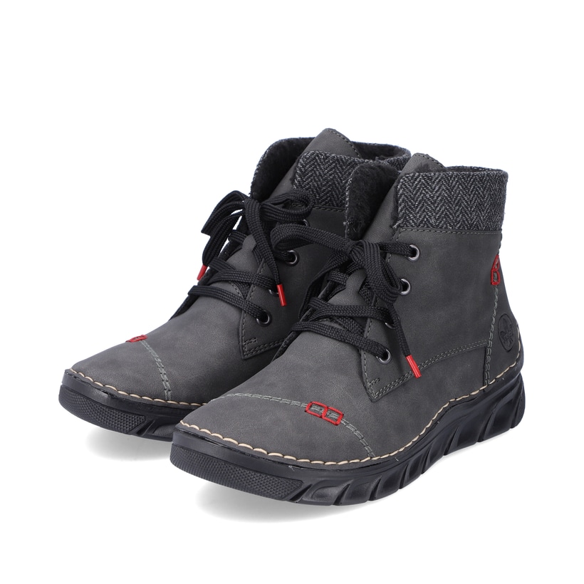 Graue Rieker Damen Schnürstiefel 55031-45 mit einer schockabsorbierenden Sohle. Schuhpaar schräg.