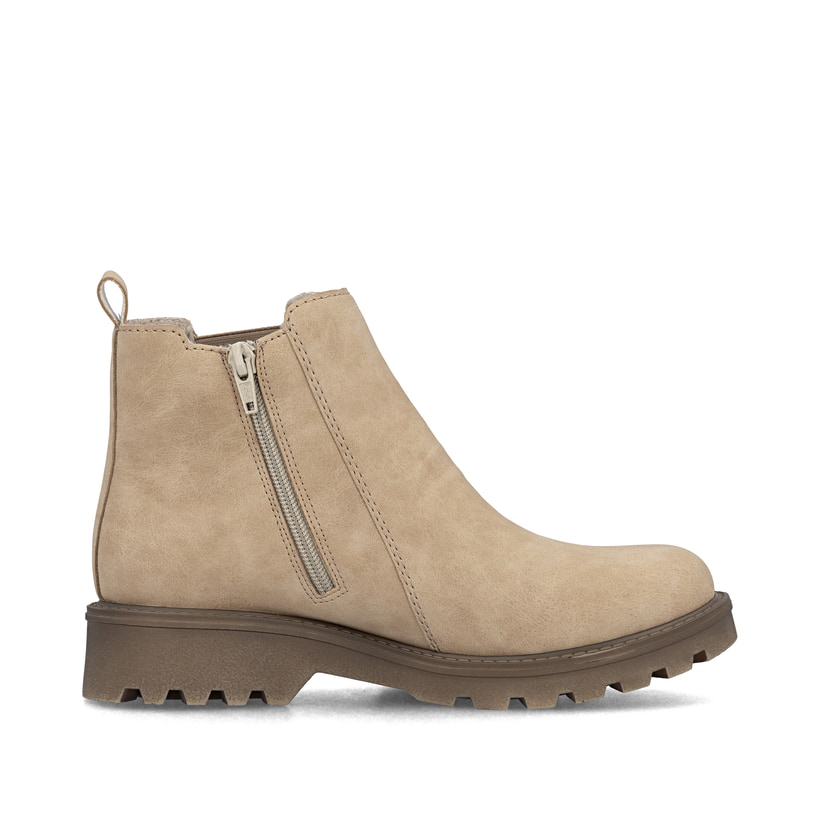 Hellbeige Rieker Damen Chelsea Boots 73250-61 mit einem Reißverschluss. Schuh von hinten.