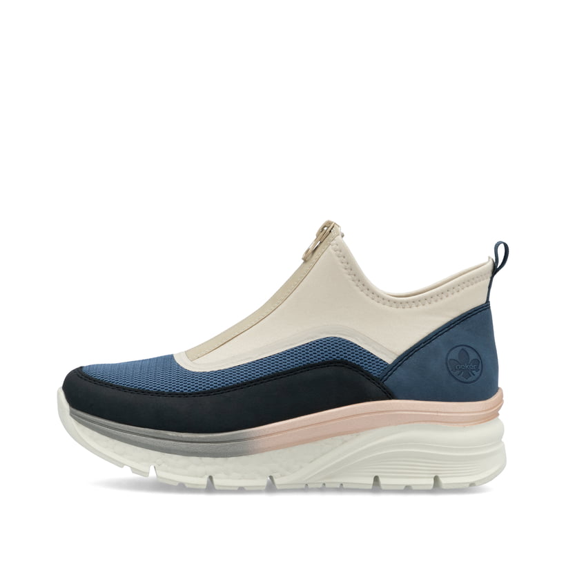 Blaue vegane Rieker Damen Sneaker High 48053-14 mit einem Reißverschluss. Schuh Außenseite.