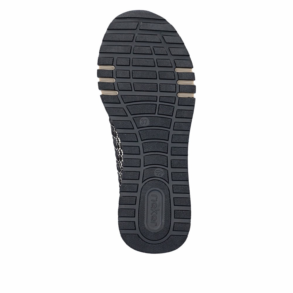 Baskets basses Rieker noires pour femme 49010-01 avec fermeture éclair. Semelle extérieure de la chaussure.