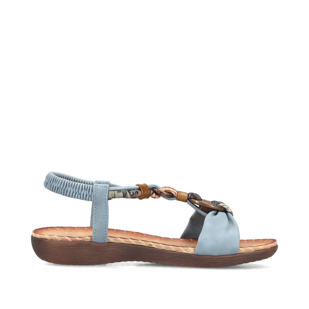 Blaue Rieker Damen Zehentrenner V7568-14 mit Schmuckelementen sowie Gummizug. Schuh Innenseite.