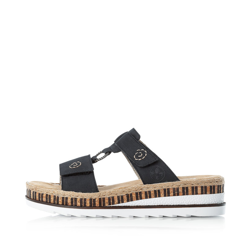 Dunkelblaue Rieker Damen Pantoletten V79N2-14 mit handgestickten Nähten. Schuh Außenseite.