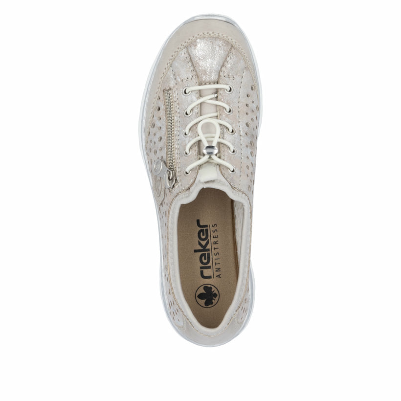 Metallische Rieker Damen Slipper L32P6-90 mit Deko-Reißverschluss sowie Gummizug. Schuh von oben.