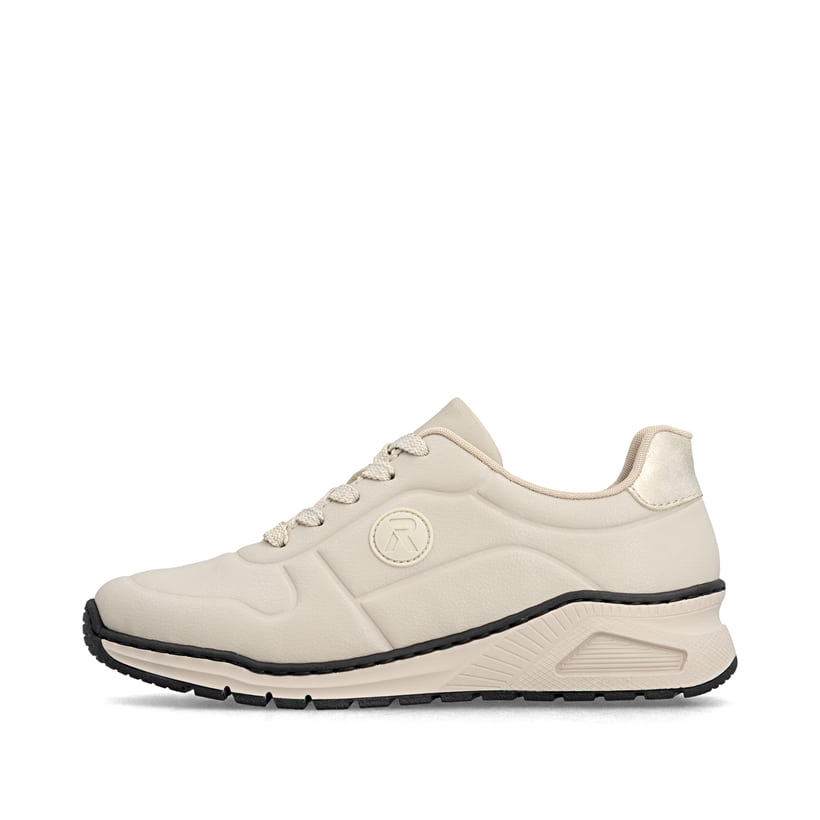 Beige Rieker Damen Sneaker Low M4903-61 aus Glattleder mit einer Schnürung. Schuh Außenseite.