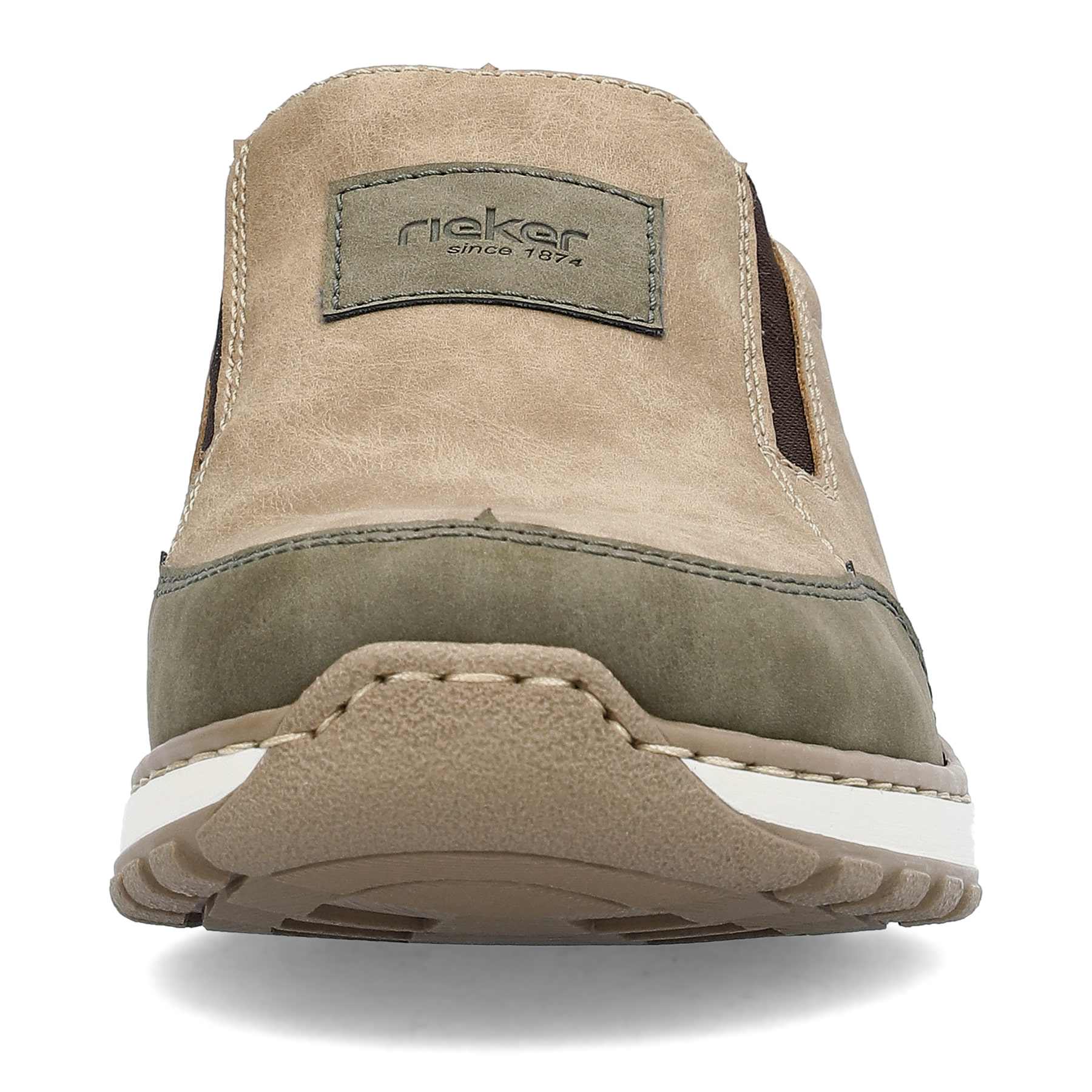Beige Rieker Herren Slipper 03354-64 mit Elastikeinsatz sowie Extraweite H. Schuh von vorne.