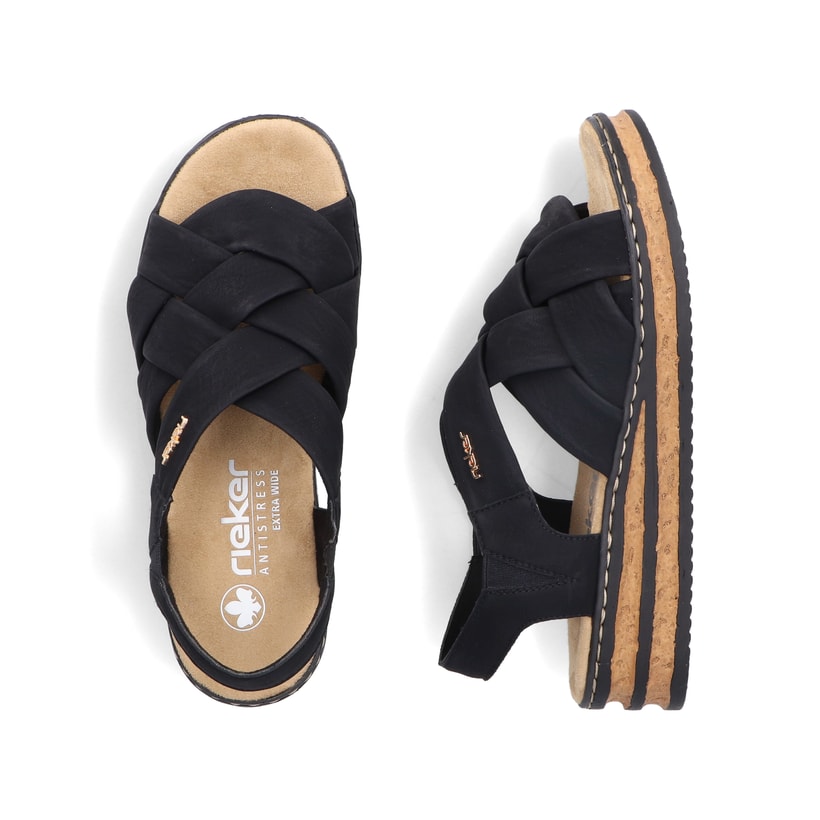 Schwarze Rieker Keilsandaletten 62908-00 mit einem Gummizug. Schuh von oben, liegend.