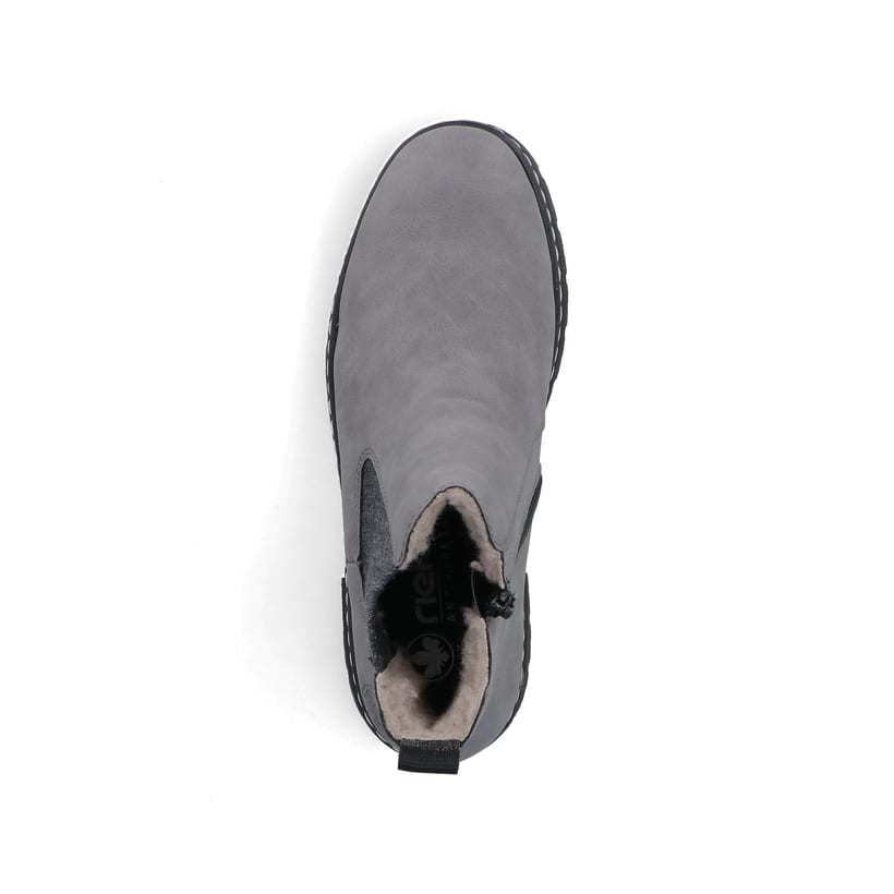Hellgraue Rieker Damen Chelsea Boots 73892-42 mit einem Reißverschluss. Schuh von oben.