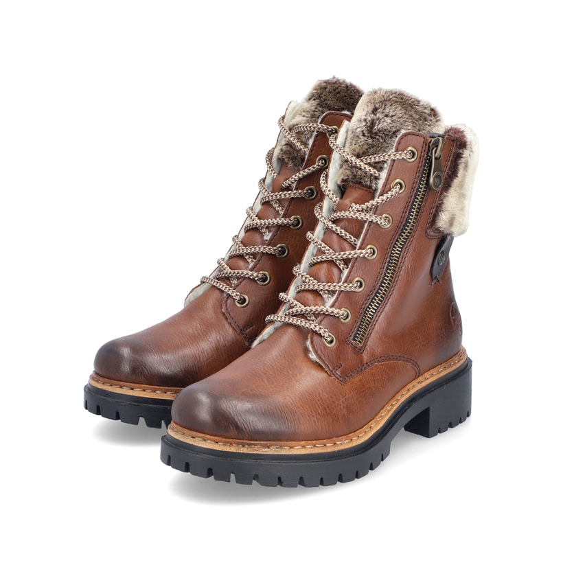 Kastanienbraune Rieker Damen Schnürstiefel 72608-24 mit Fellschaftkragen. Schuhpaar seitlich schräg.