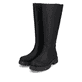 Tiefschwarze Rieker Damen Hochschaftstiefel Z9176-00 mit einem Reißverschluss. Schuhpaar seitlich schräg.