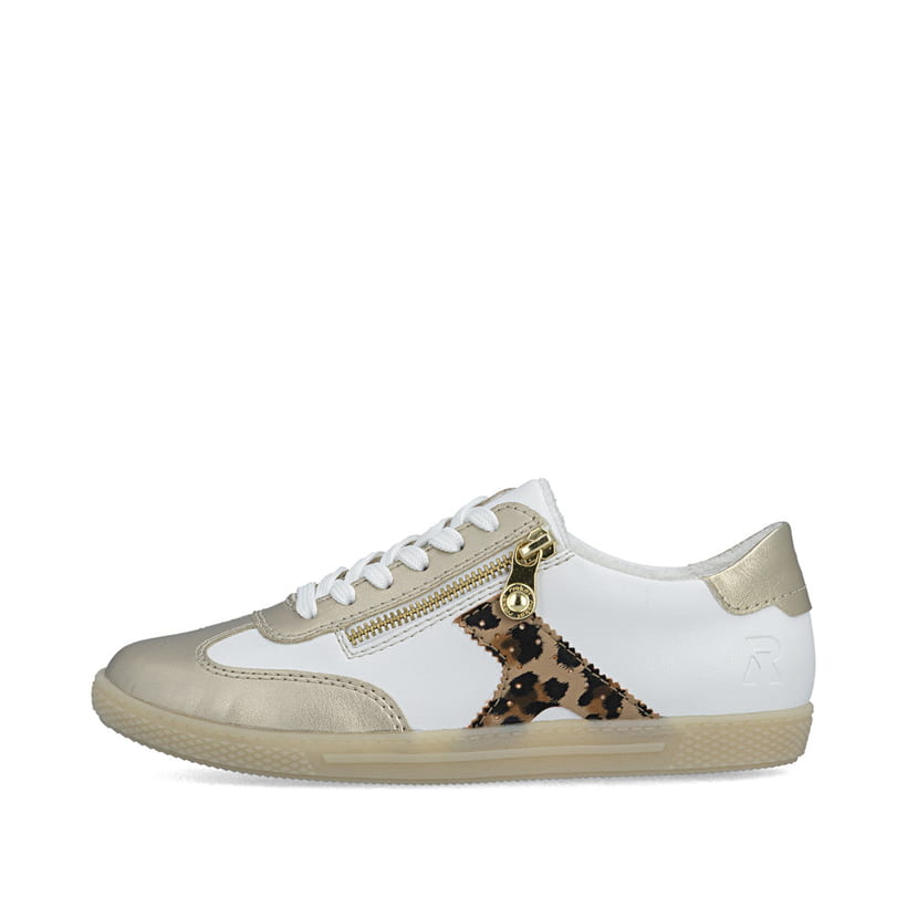 Baskets basses Rieker blanches femme L9700-81 avec finition métallisée. Côté extérieur de la chaussure.